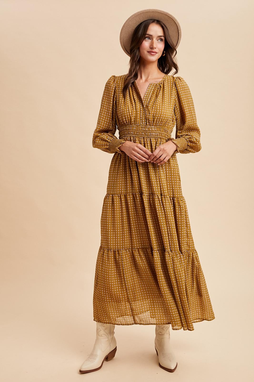 Yellow Printed Smocked Waist Tiered Maxi Dress