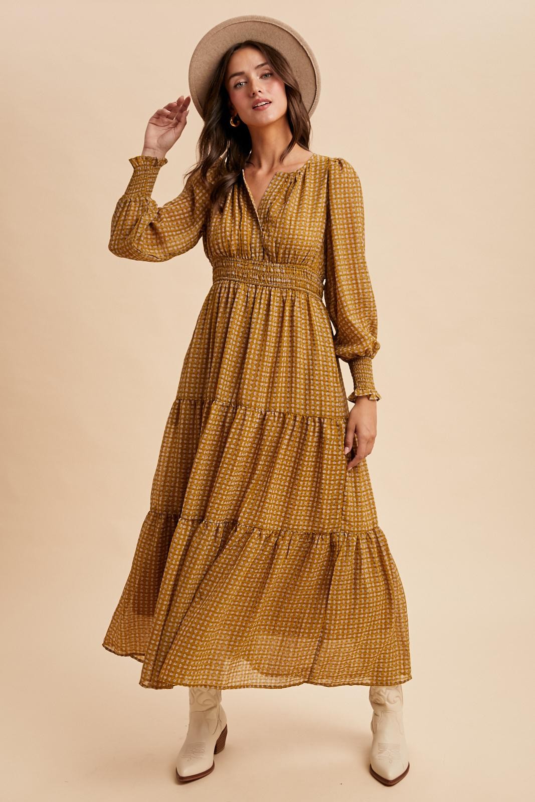 Yellow Printed Smocked Waist Tiered Maxi Dress