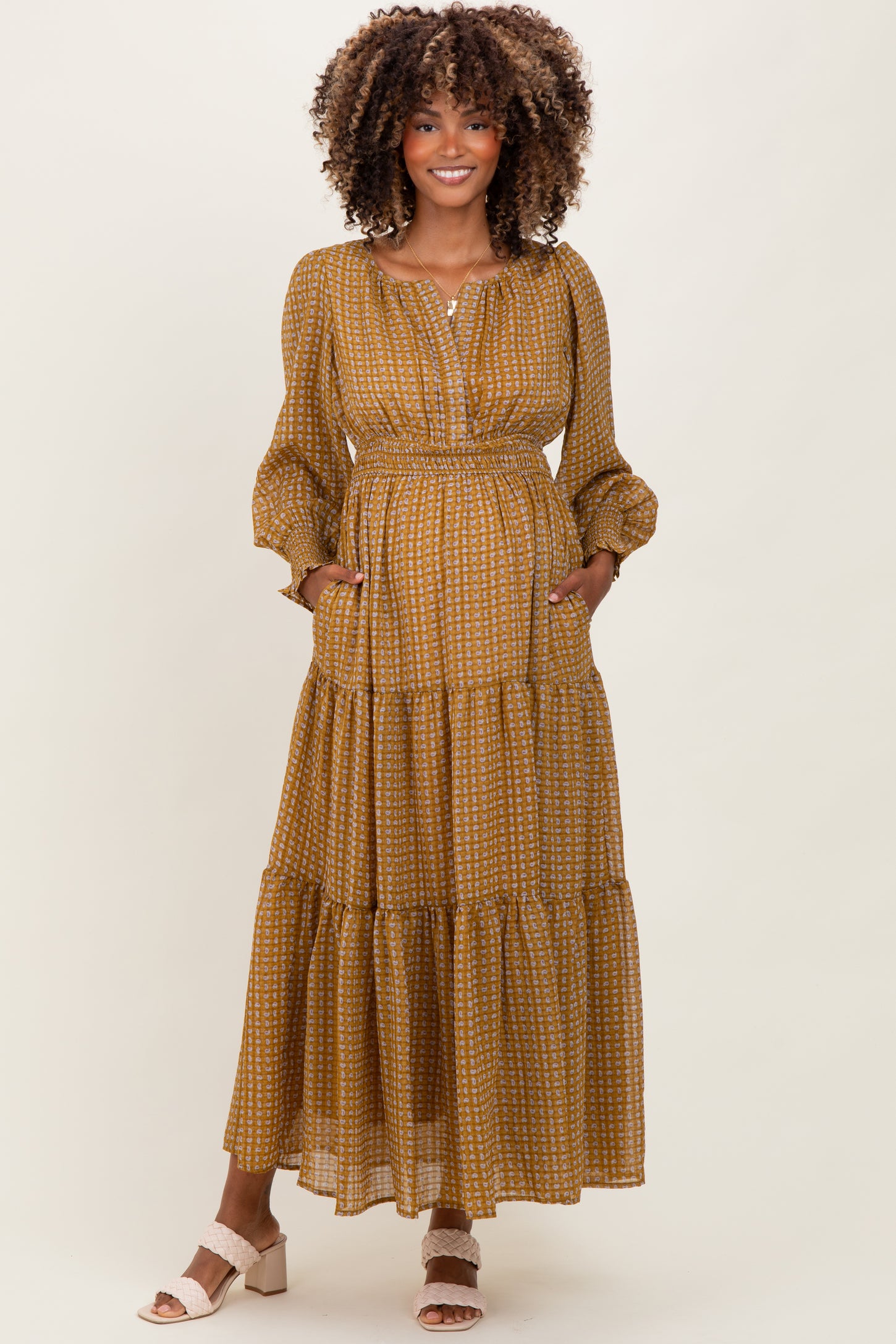 Yellow Printed Smocked Waist Tiered Maternity Maxi Dress