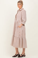 Mocha Striped Scallop Trim 3/4 Sleeve Midi Dress