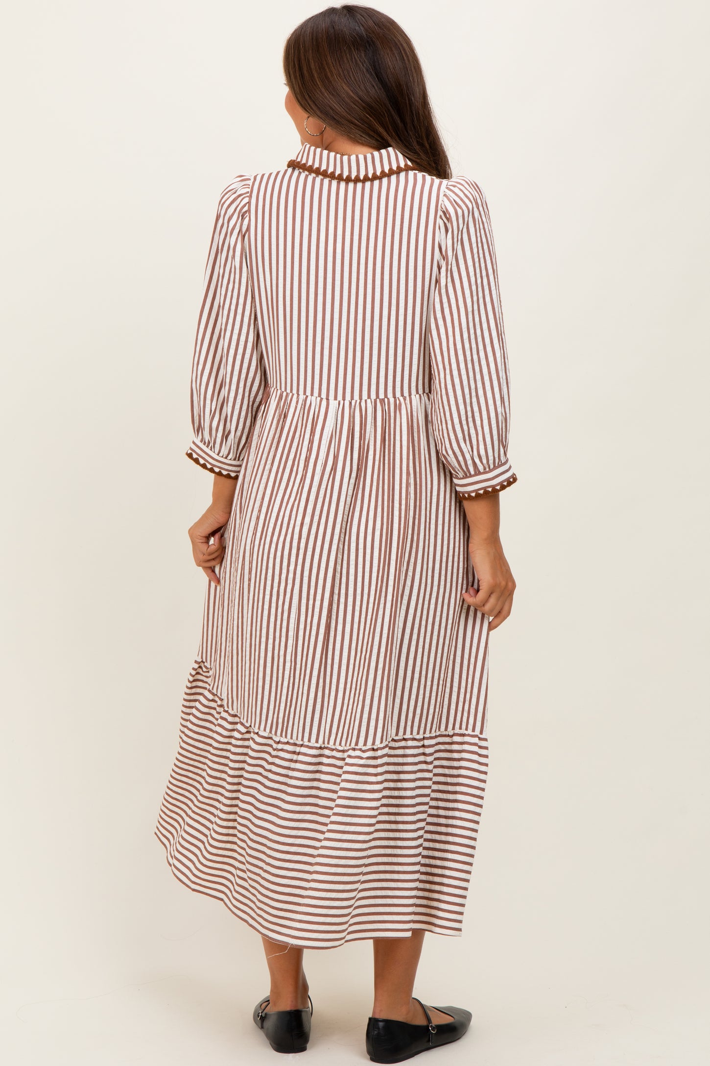 Mocha Striped Scallop Trim 3/4 Sleeve Maternity Midi Dress
