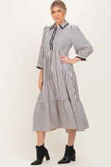 Black Striped Scallop Trim 3/4 Sleeve Midi Dress