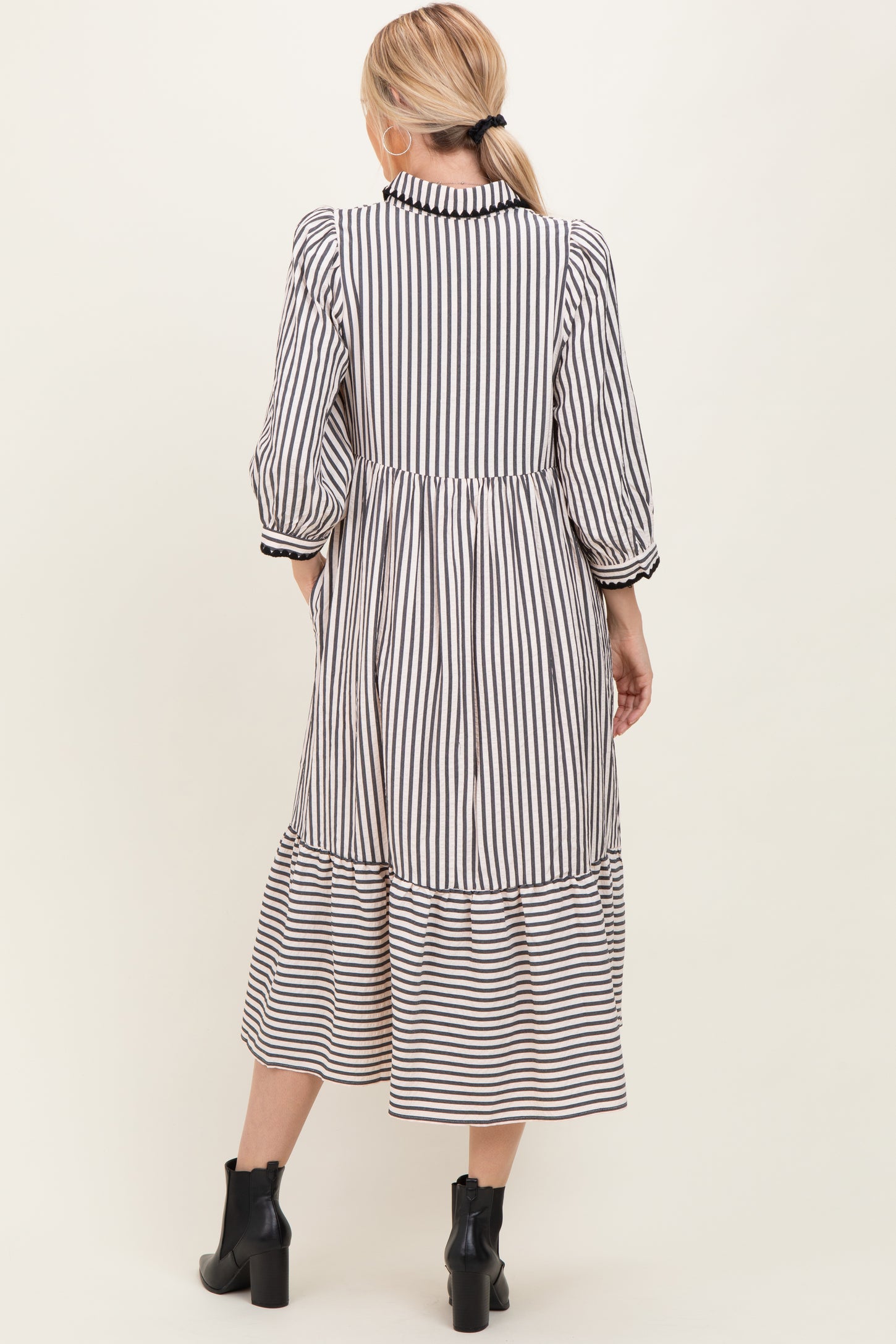 Black Striped Scallop Trim 3/4 Sleeve Midi Dress