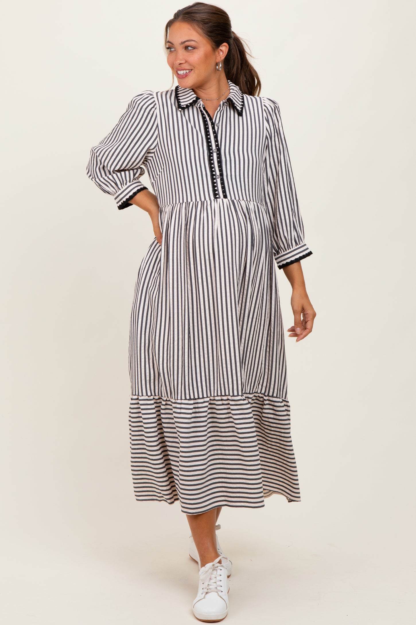 Black Striped Scallop Trim 3/4 Sleeve Maternity Midi Dress