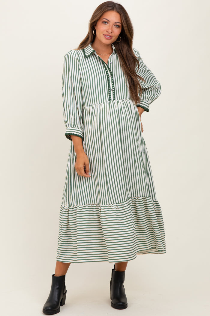 Green Striped Scallop Trim 3/4 Sleeve Maternity Midi Dress