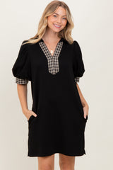Black Plaid Accent Puff Sleeve Maternity Mini Dress