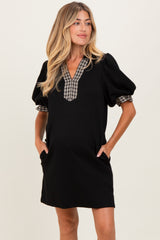 Black Plaid Accent Puff Sleeve Maternity Mini Dress