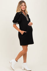 Black Plaid Accent Puff Sleeve Maternity Mini Dress
