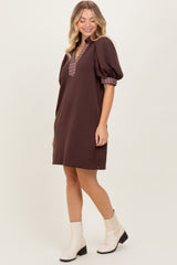 Brown Plaid Accent Puff Sleeve Mini Dress