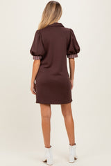 Brown Plaid Accent Puff Sleeve Maternity Mini Dress