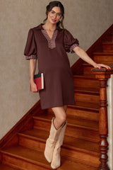 Brown Plaid Accent Puff Sleeve Maternity Mini Dress