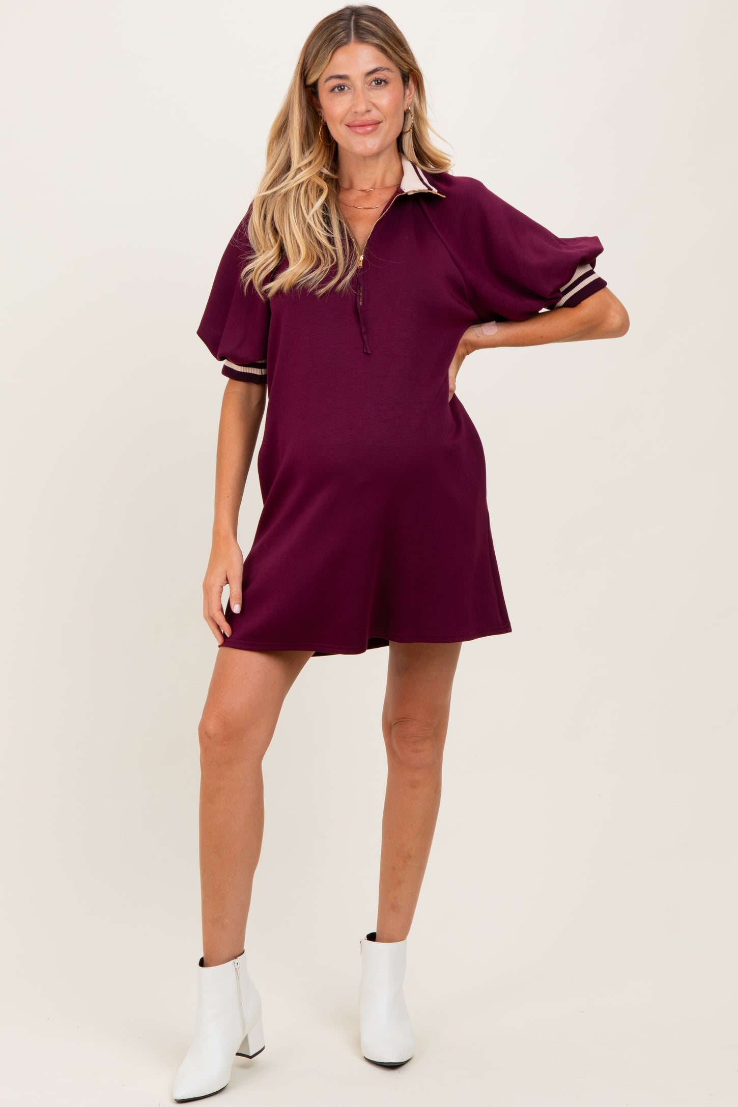 Plum Half Zip Puff Sleeve Maternity Mini Dress