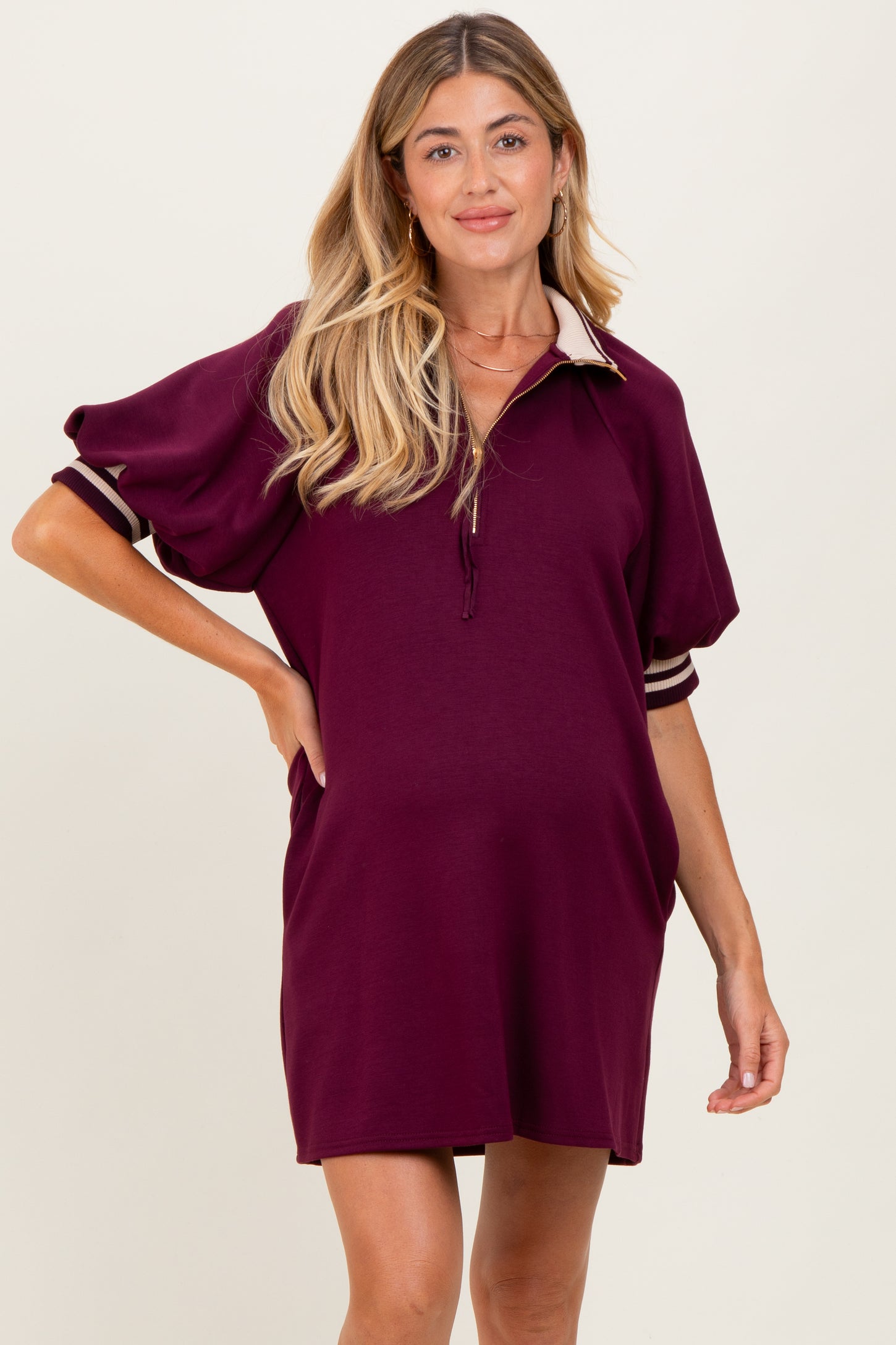 Plum Half Zip Puff Sleeve Maternity Mini Dress