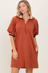 Rust Half Zip Puff Sleeve Maternity Mini Dress