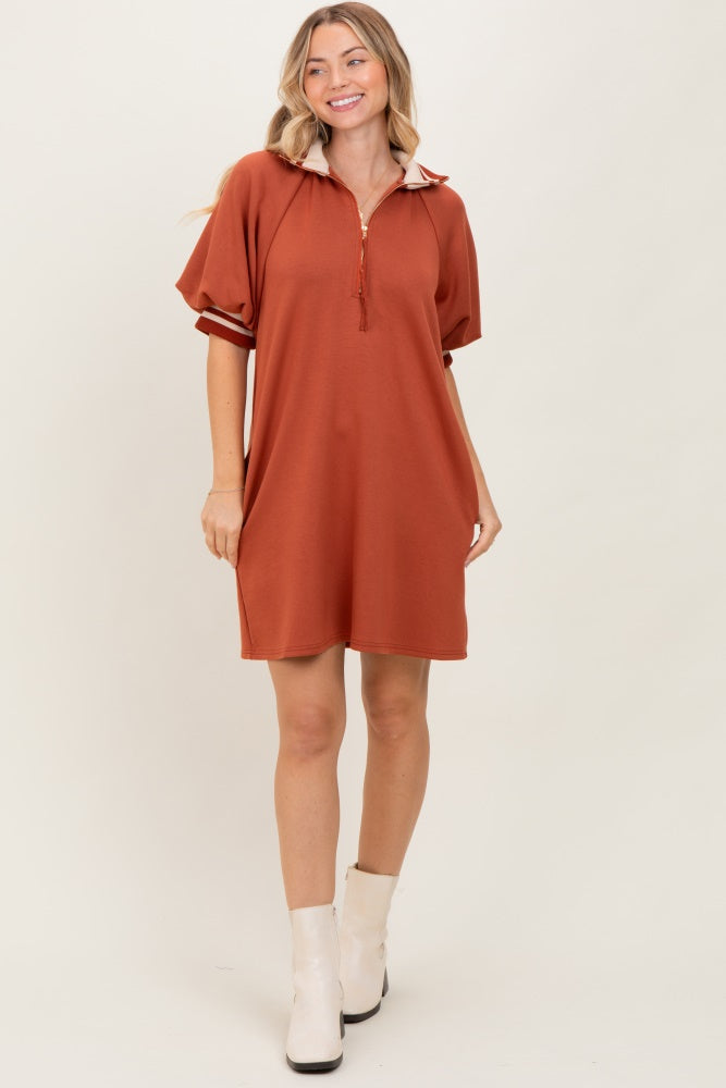 Rust Half Zip Puff Sleeve Mini Dress