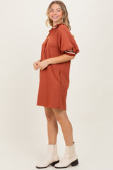 Rust Half Zip Puff Sleeve Mini Dress