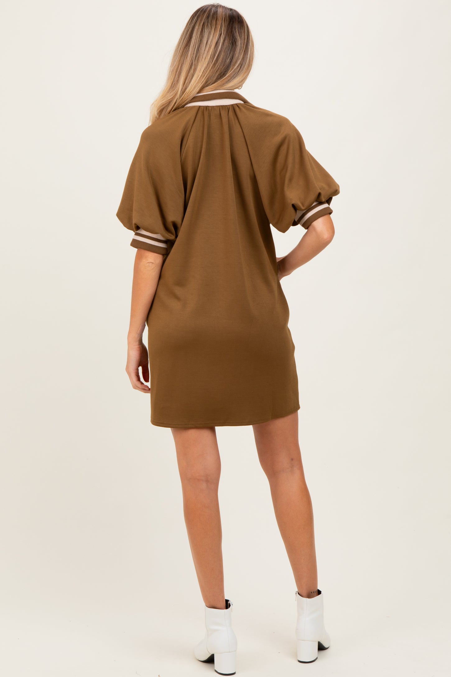 Olive Half Zip Puff Sleeve Maternity Mini Dress