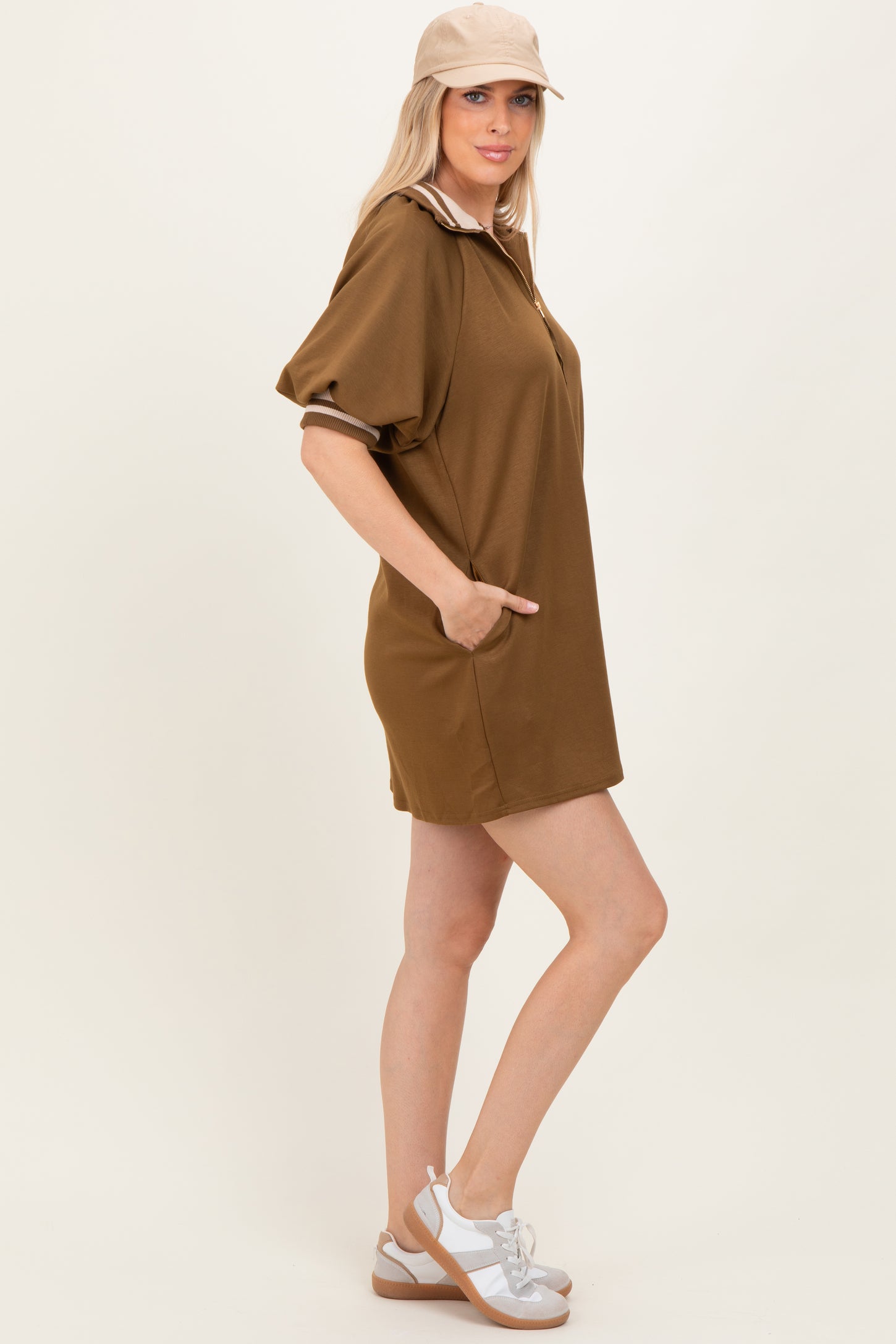 Olive Half Zip Puff Sleeve Mini Dress