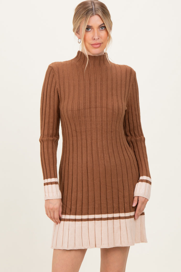 Mocha Ribbed Contrast Hem Maternity Sweater Dress
