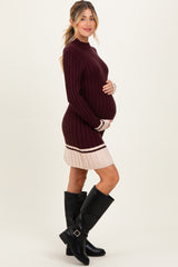 Burgundy Ribbed Contrast Hem Maternity Sweater Dress