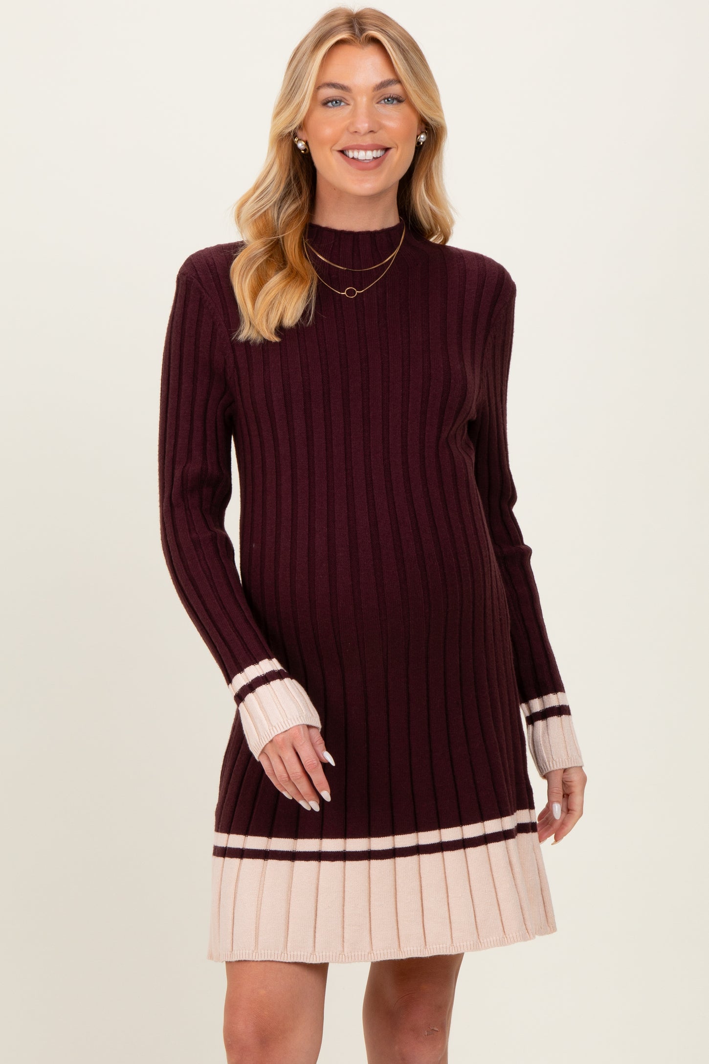 Burgundy Ribbed Contrast Hem Maternity Sweater Dress