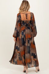 Multicolor Abstract Print Velvet Trim Maternity Maxi Dress