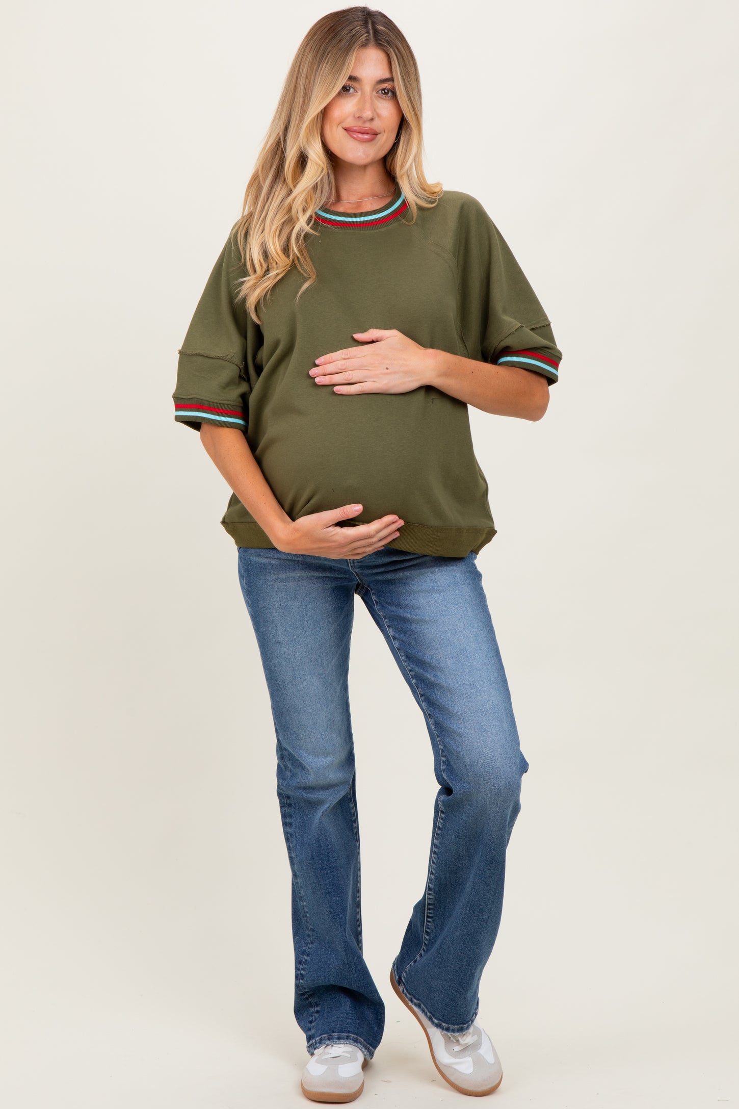 Olive Contrast Trim Short Sleeve Maternity Pullover