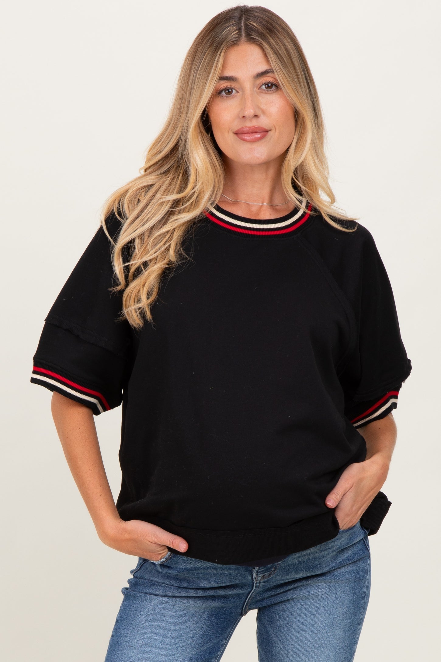 Black Contrast Trim Short Sleeve Maternity Pullover