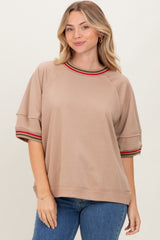 Beige Contrast Trim Short Sleeve Pullover