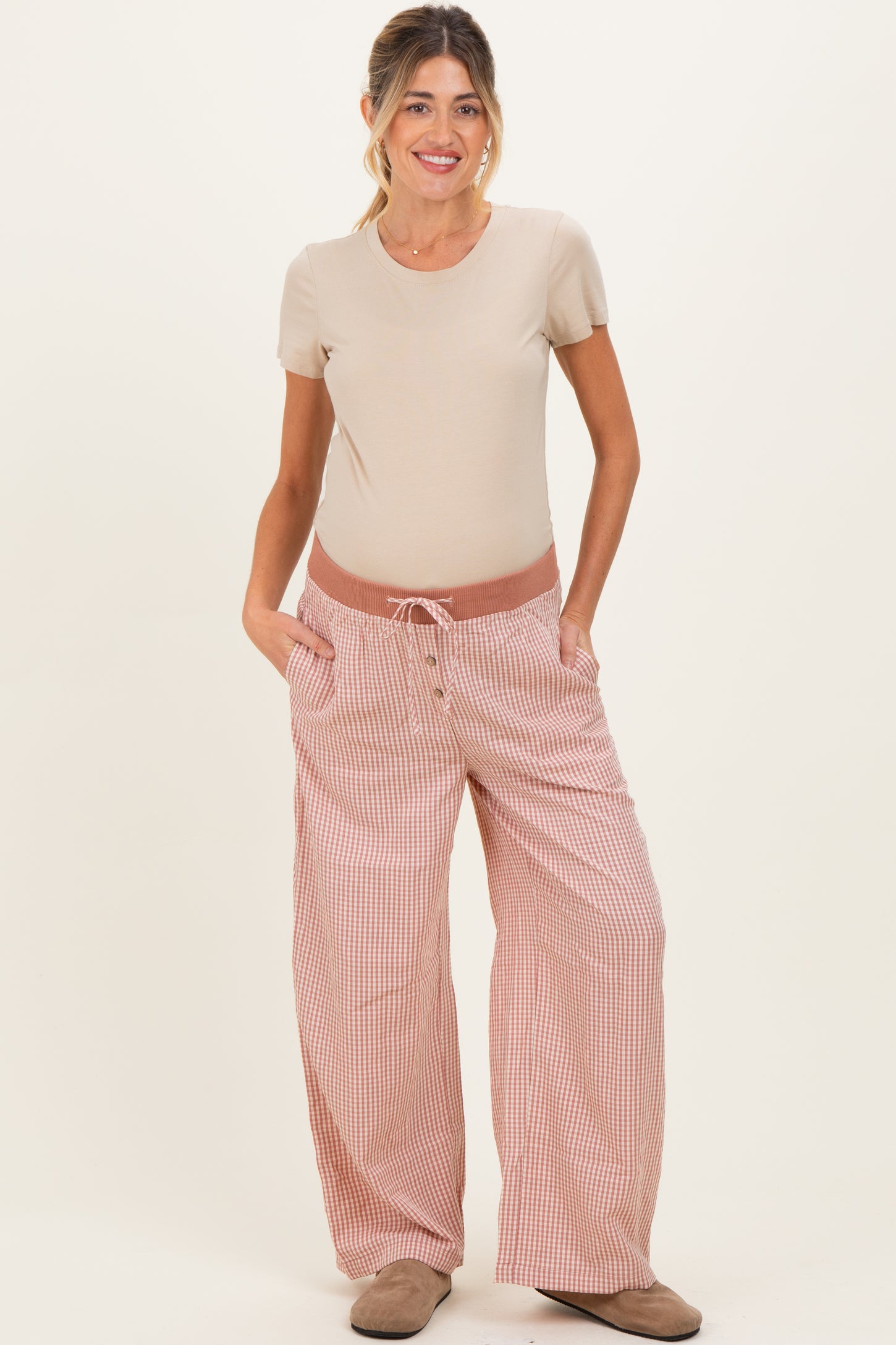 Mauve Gingham Drawstring Maternity Lounge Pants