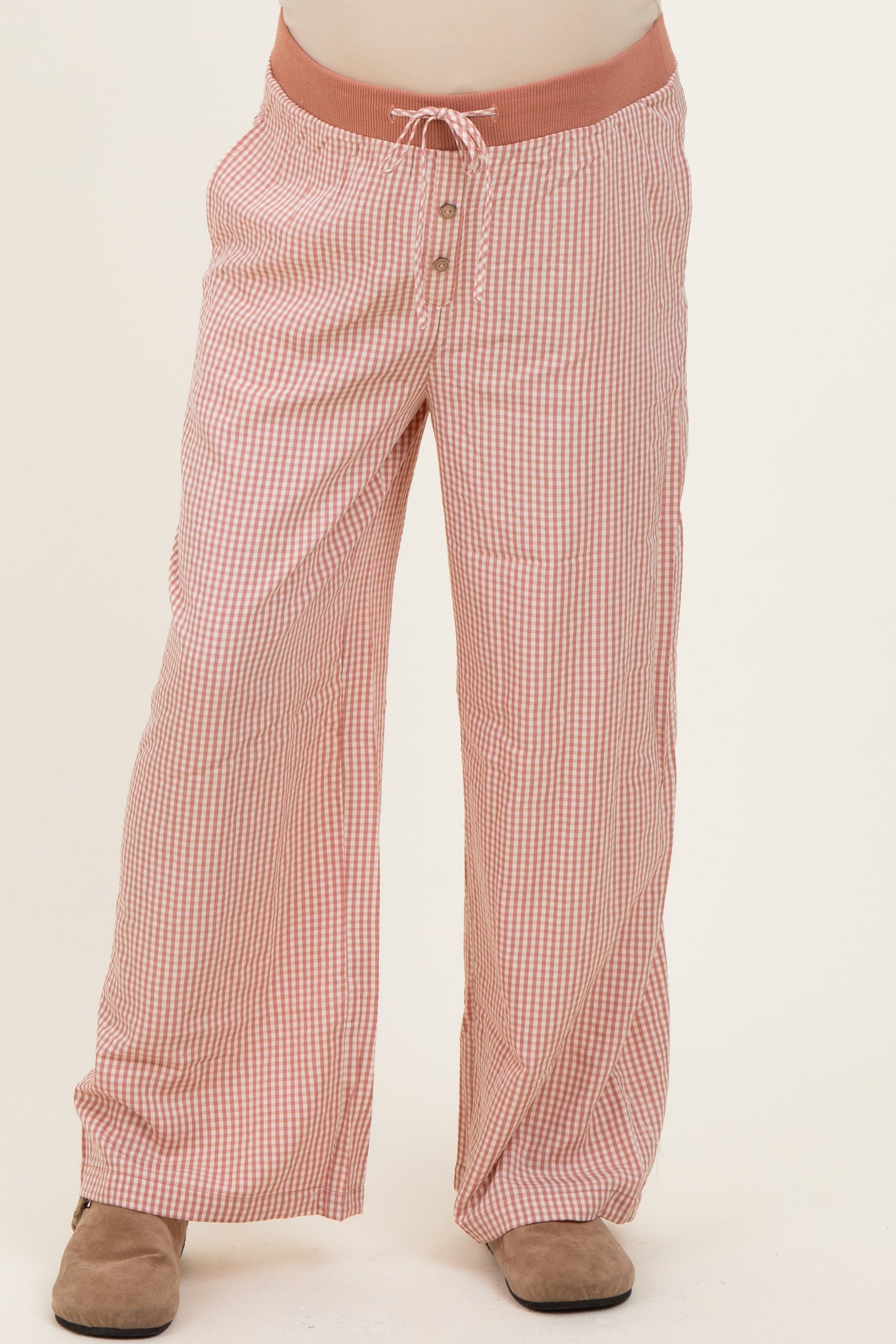 Mauve Gingham Drawstring Maternity Lounge Pants