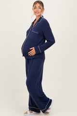 Dark Navy Button Down Top Wide Leg Pant Maternity Pajama Set