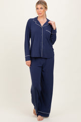 Dark Navy Button Down Top Wide Leg Pant Maternity Pajama Set