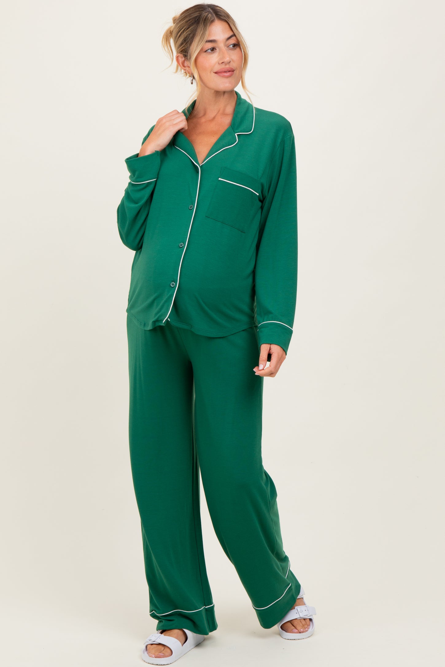 Green Button Down Top Wide Leg Pant Maternity Pajama Set