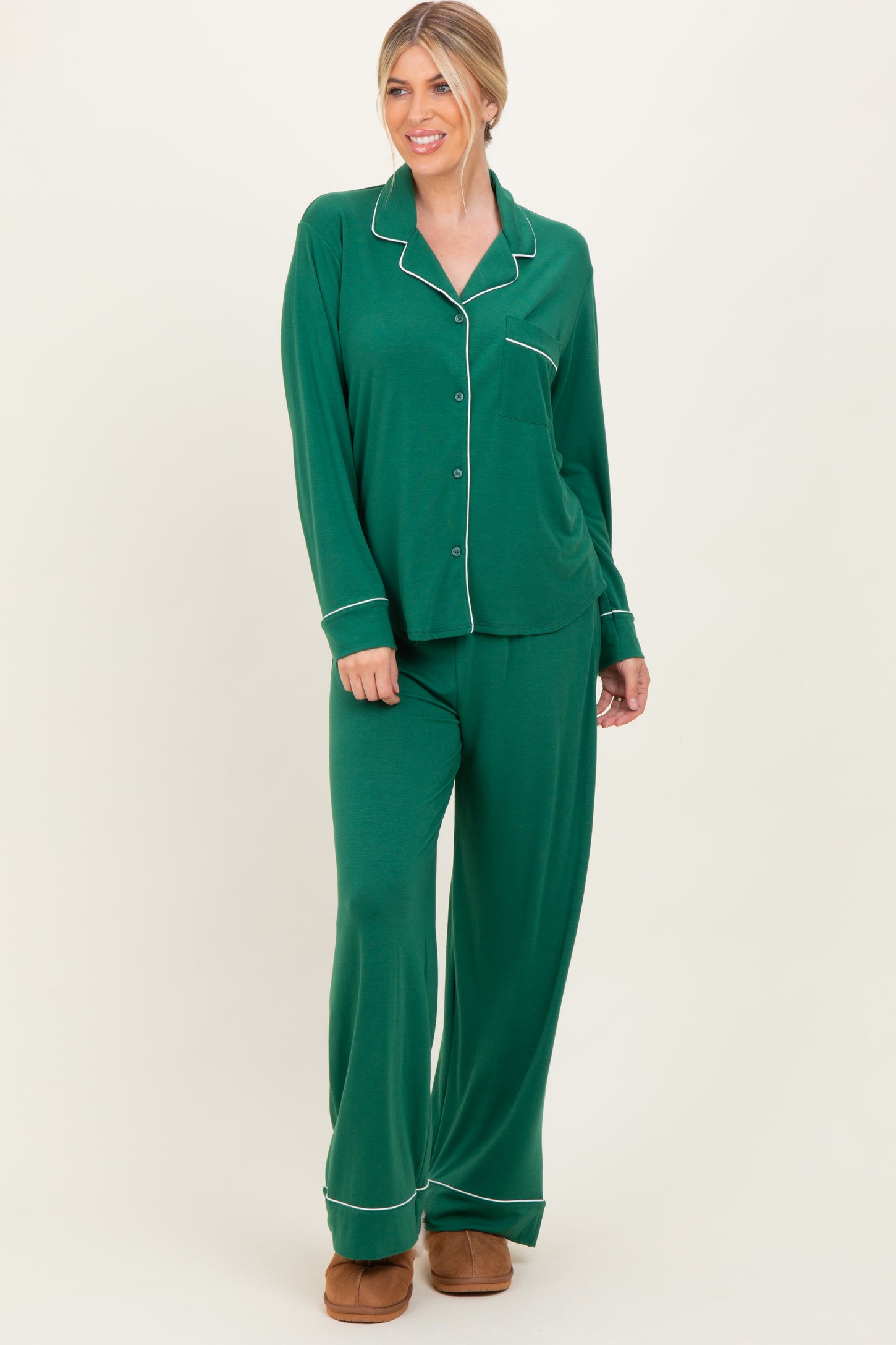 Green Button Down Top Wide Leg Pant Pajama Set