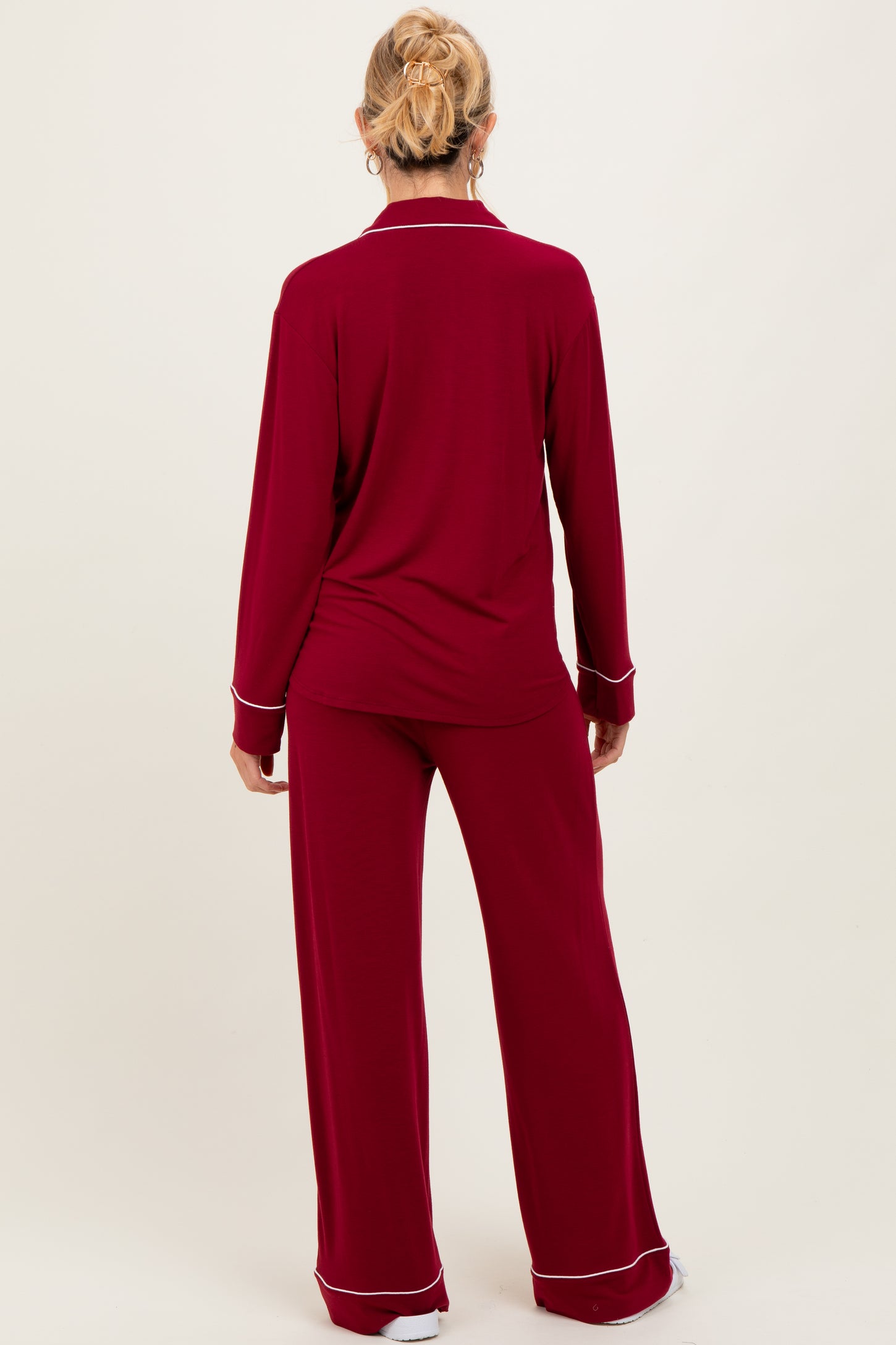 Burgundy Button Down Top Wide Leg Pant Maternity Pajama Set