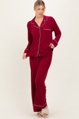 Burgundy Button Down Top Wide Leg Pant Pajama Set