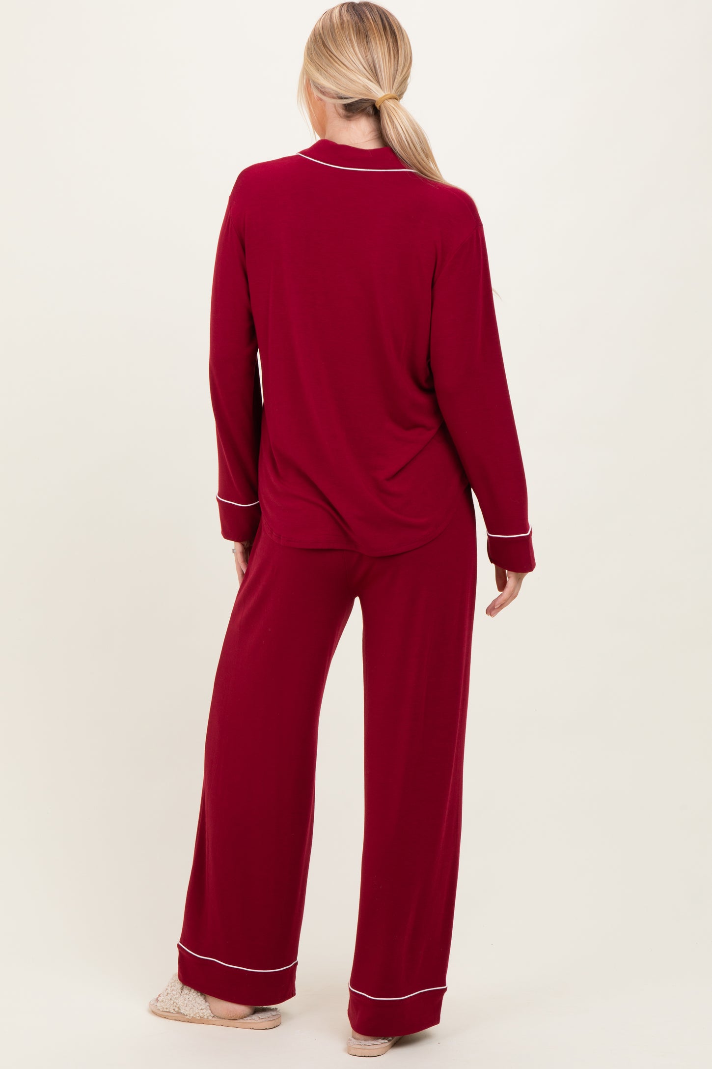 Burgundy Button Down Top Wide Leg Pant Pajama Set