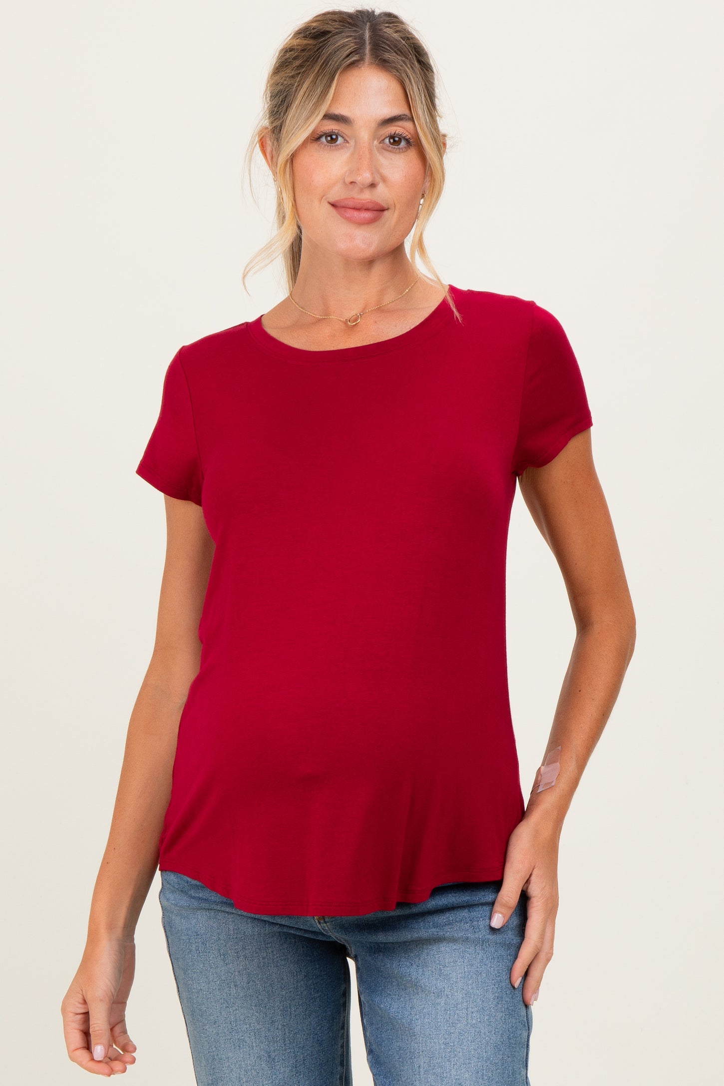 Burgundy Basic Short Sleeve Maternity Top