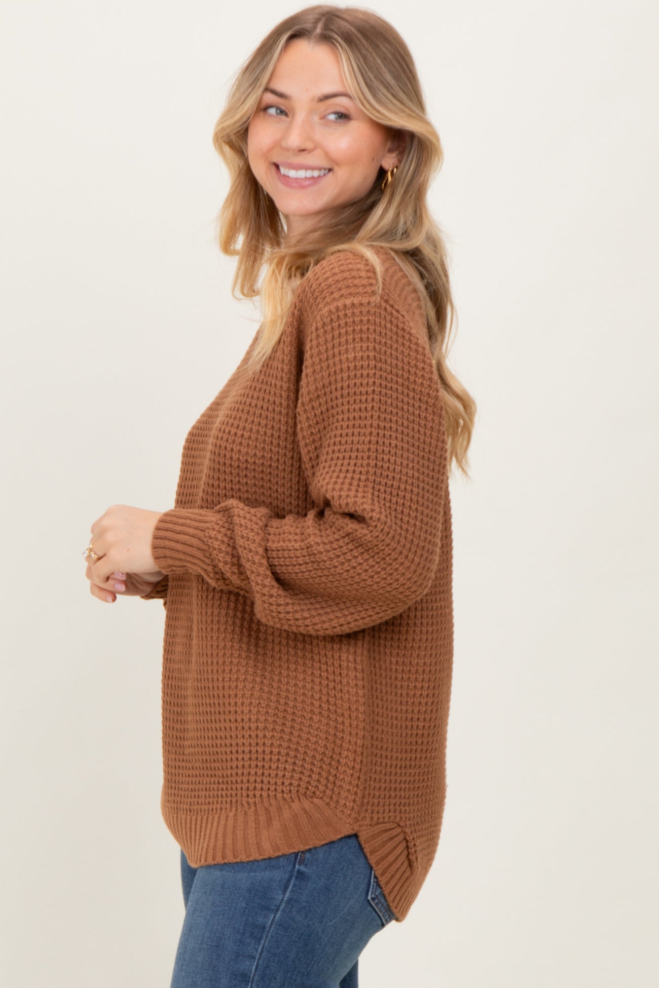 Camel Waffle Knit Rounded Hem Sweater