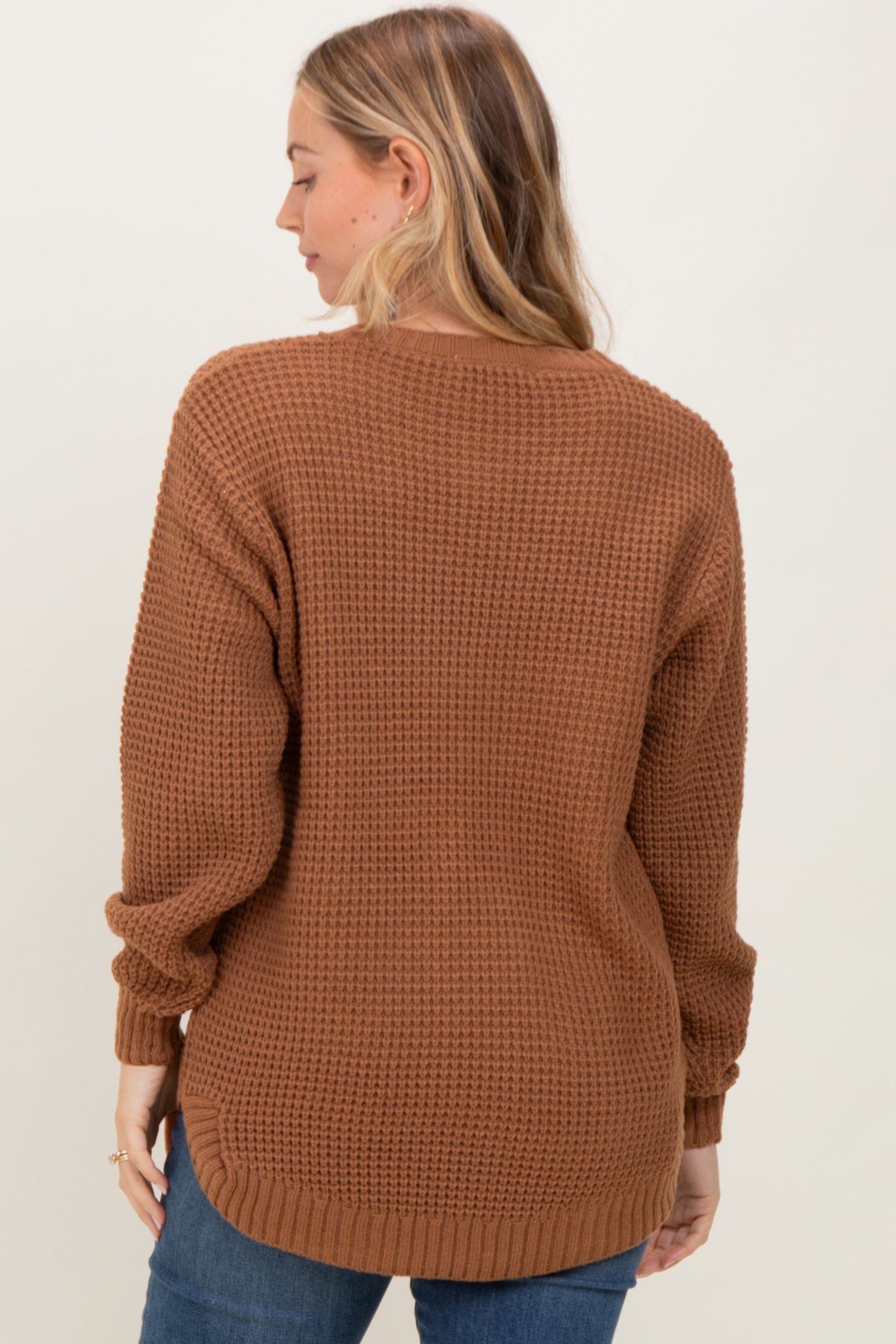 Camel Waffle Knit Rounded Hem Sweater