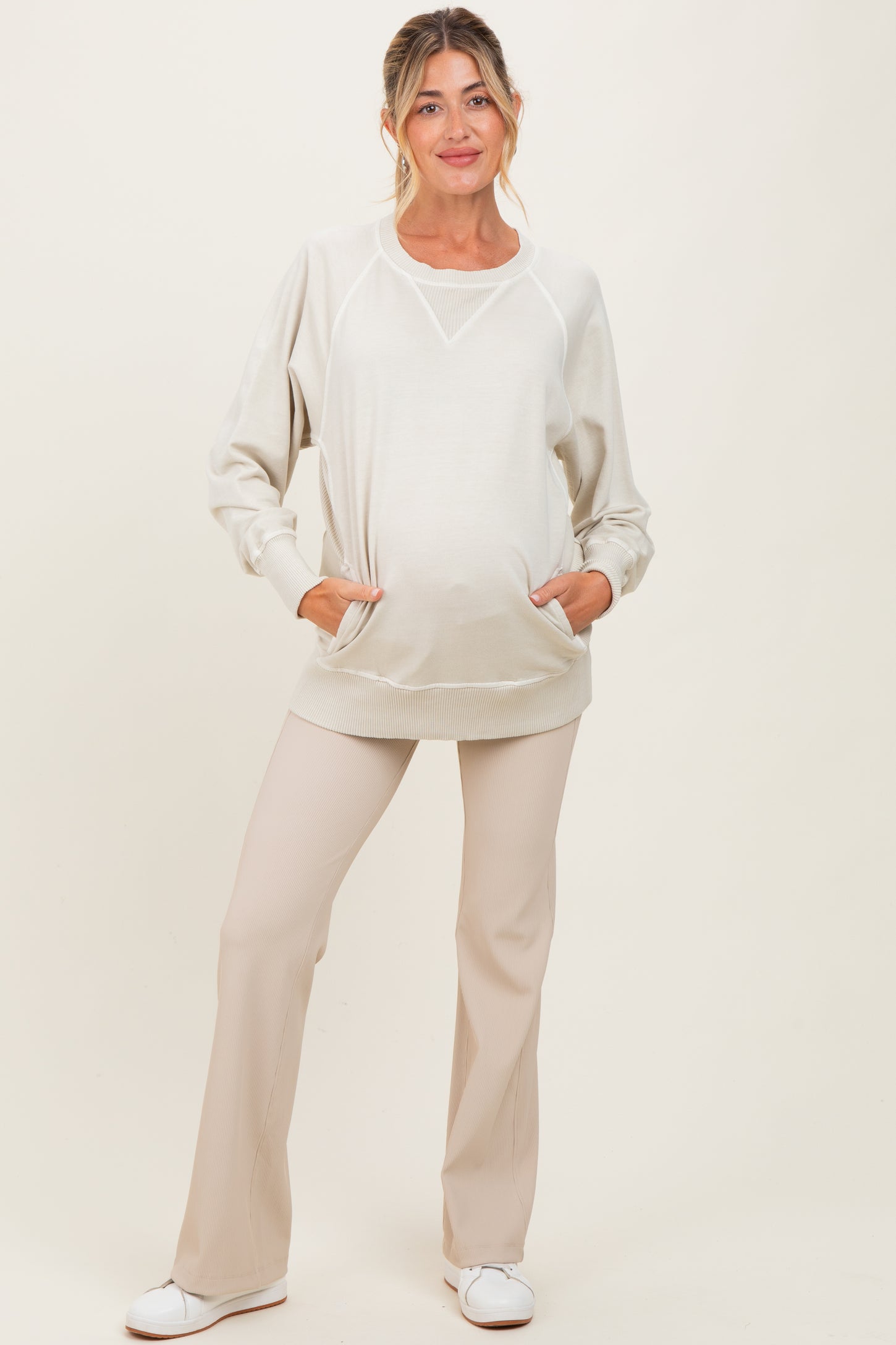 Cream Vintage Wash French Terry Maternity Pullover