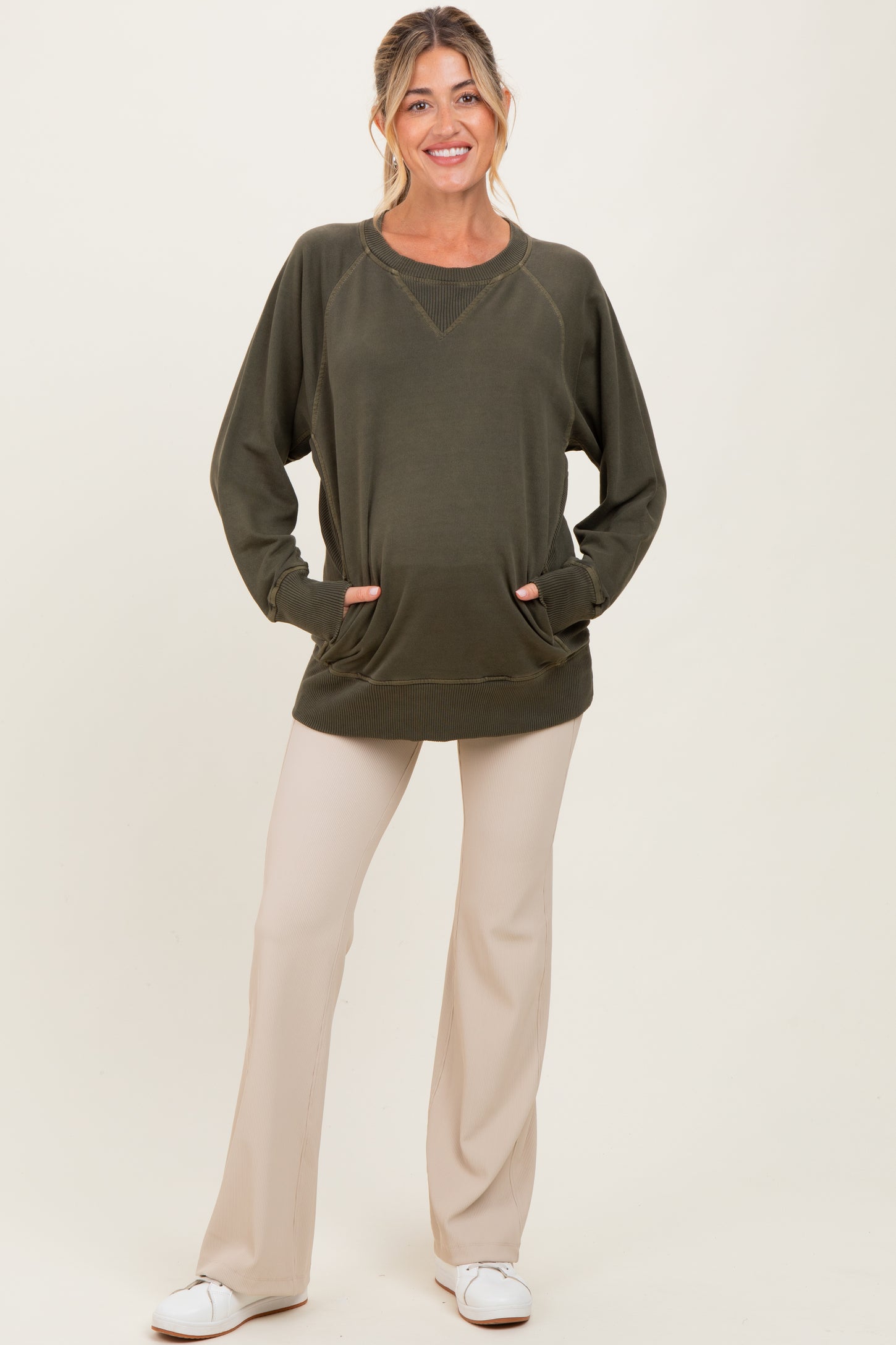 Olive Vintage Wash French Terry Maternity Pullover