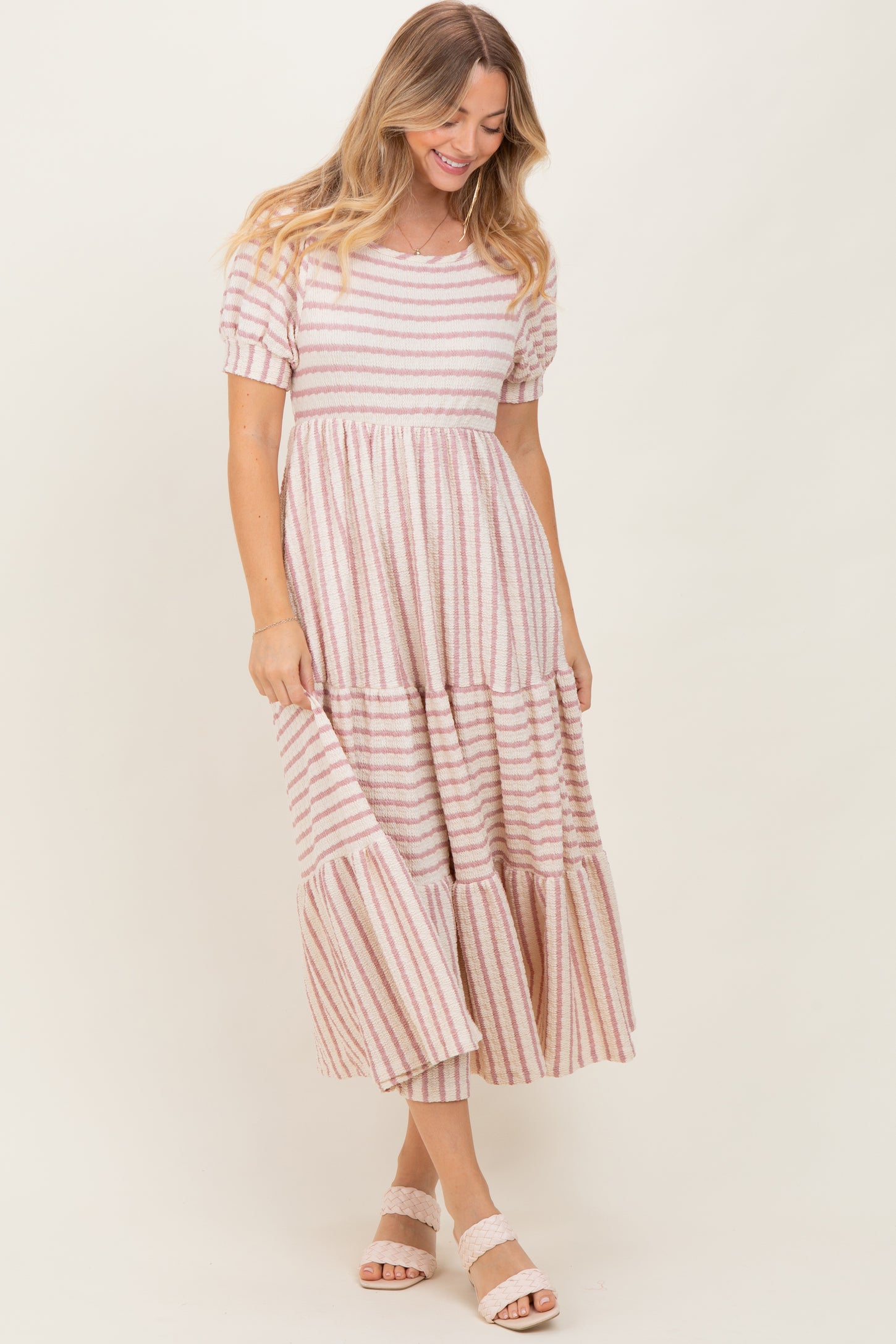 Cream/Mauve Striped Short Sleeve Tiered Maternity Maxi Dress