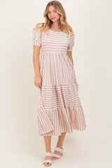 Cream/Mauve Striped Short Sleeve Tiered Maxi Dress