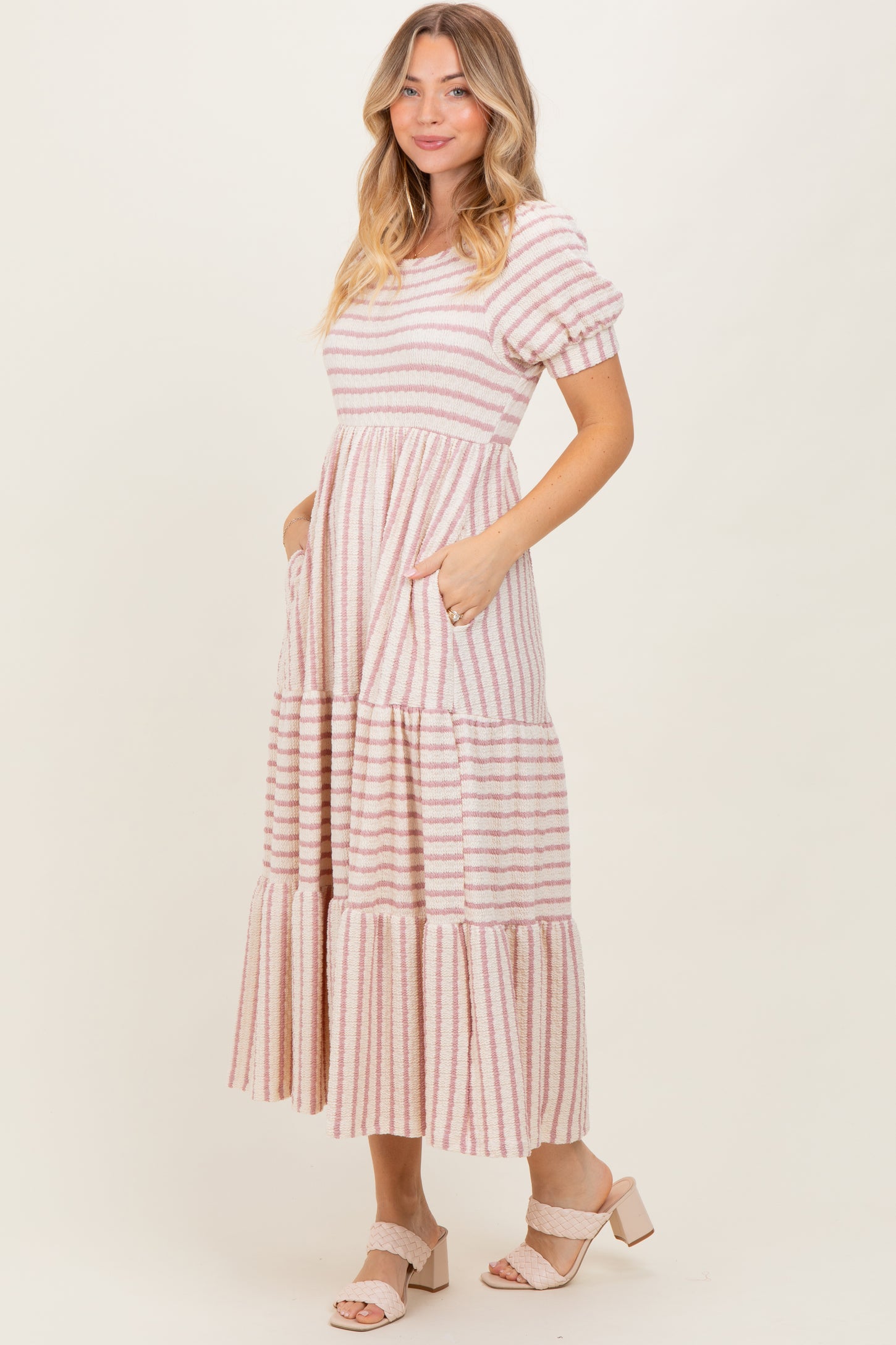 Cream/Mauve Striped Short Sleeve Tiered Maxi Dress