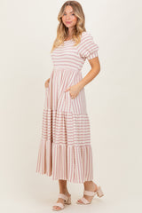 Cream/Mauve Striped Short Sleeve Tiered Maxi Dress