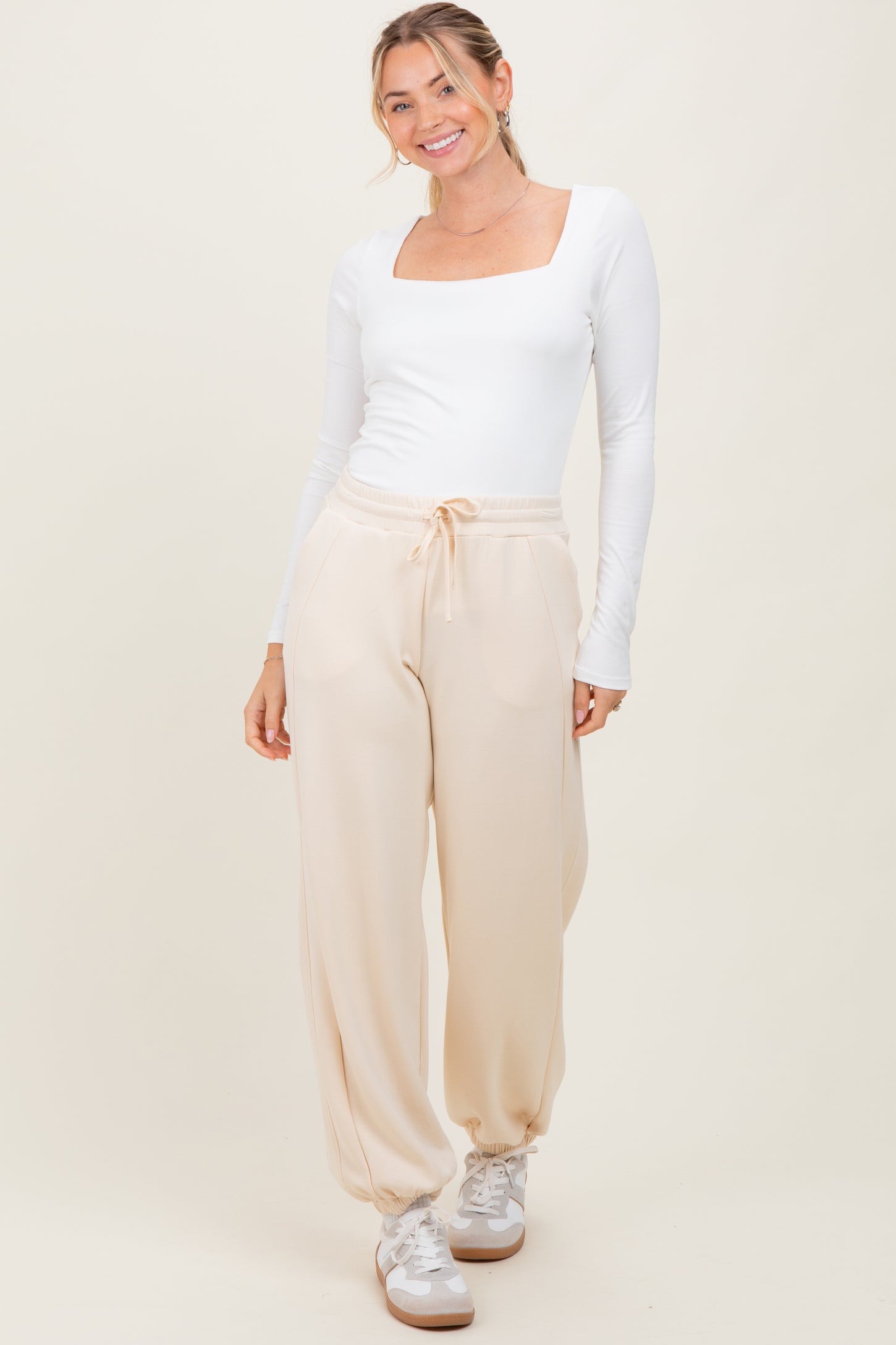 Cream Scuba Drawstring Waist Relaxed Jogger Sweatpants