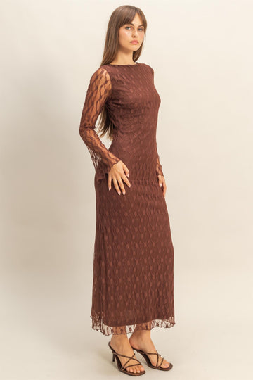 Brown Lace Overlay Fitted Maxi Dress