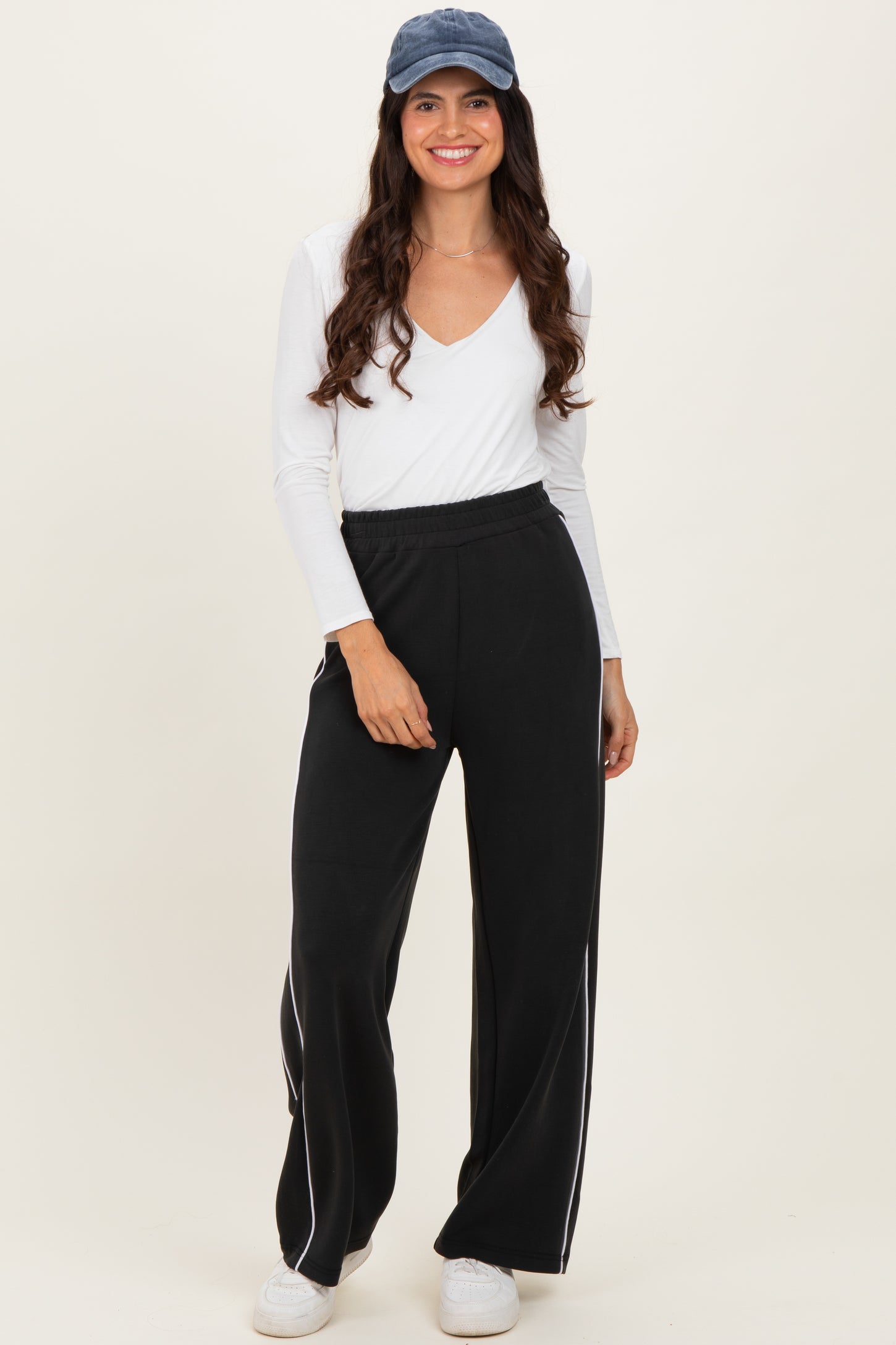 Black Striped Wide Leg Track Pants